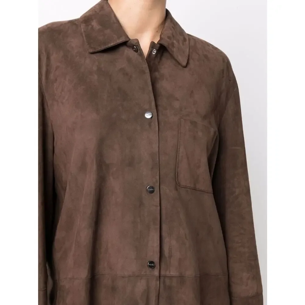 'S MAX MARA Esotico Brown Lamb Leather Suede Shirt Jacket Shacket Saks 4 38 $750 - Picture 13 of 13